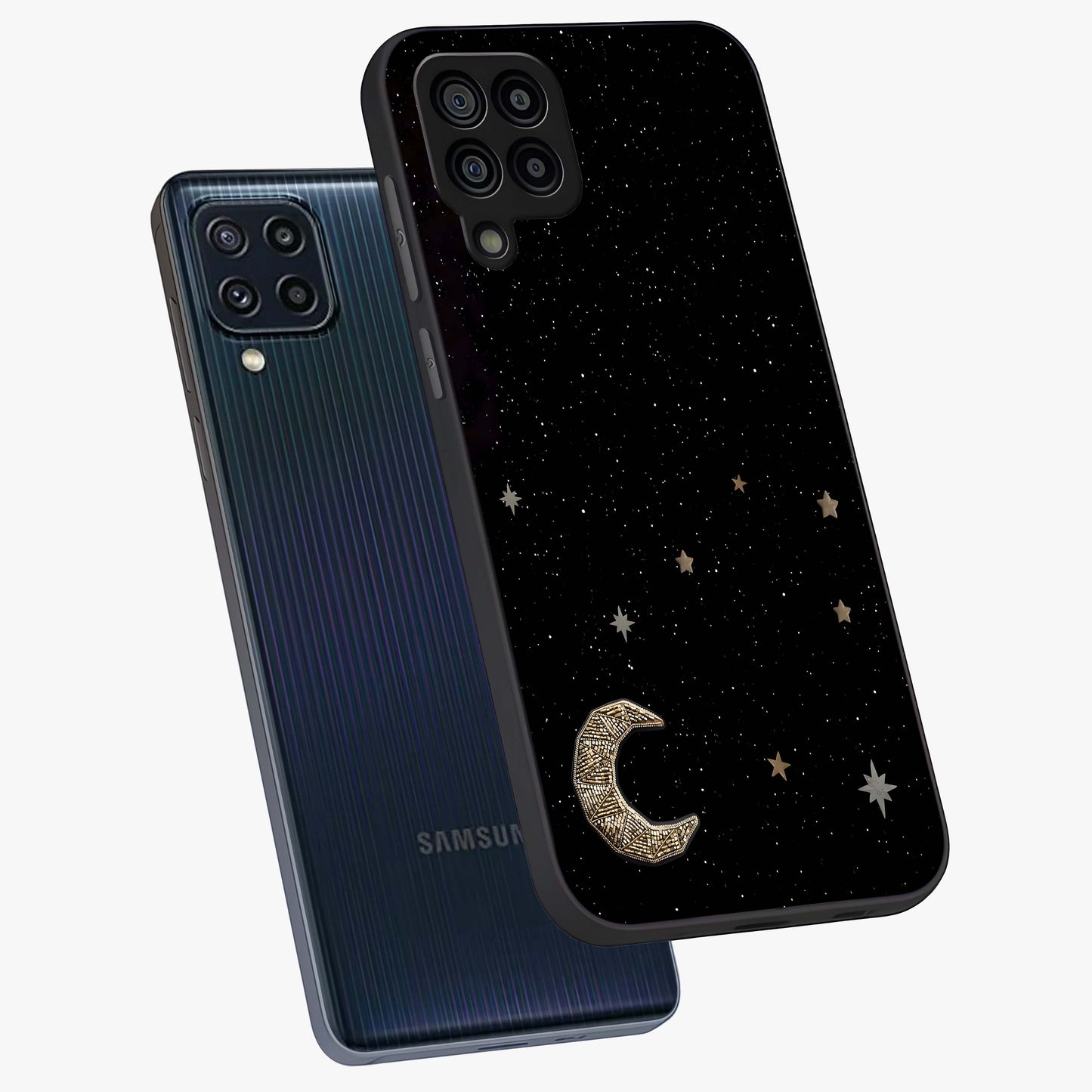 Twinkle Star With Half Moon Glass Case displayed in angled mockup highlighting celestial moon and star design with magical aesthetic.