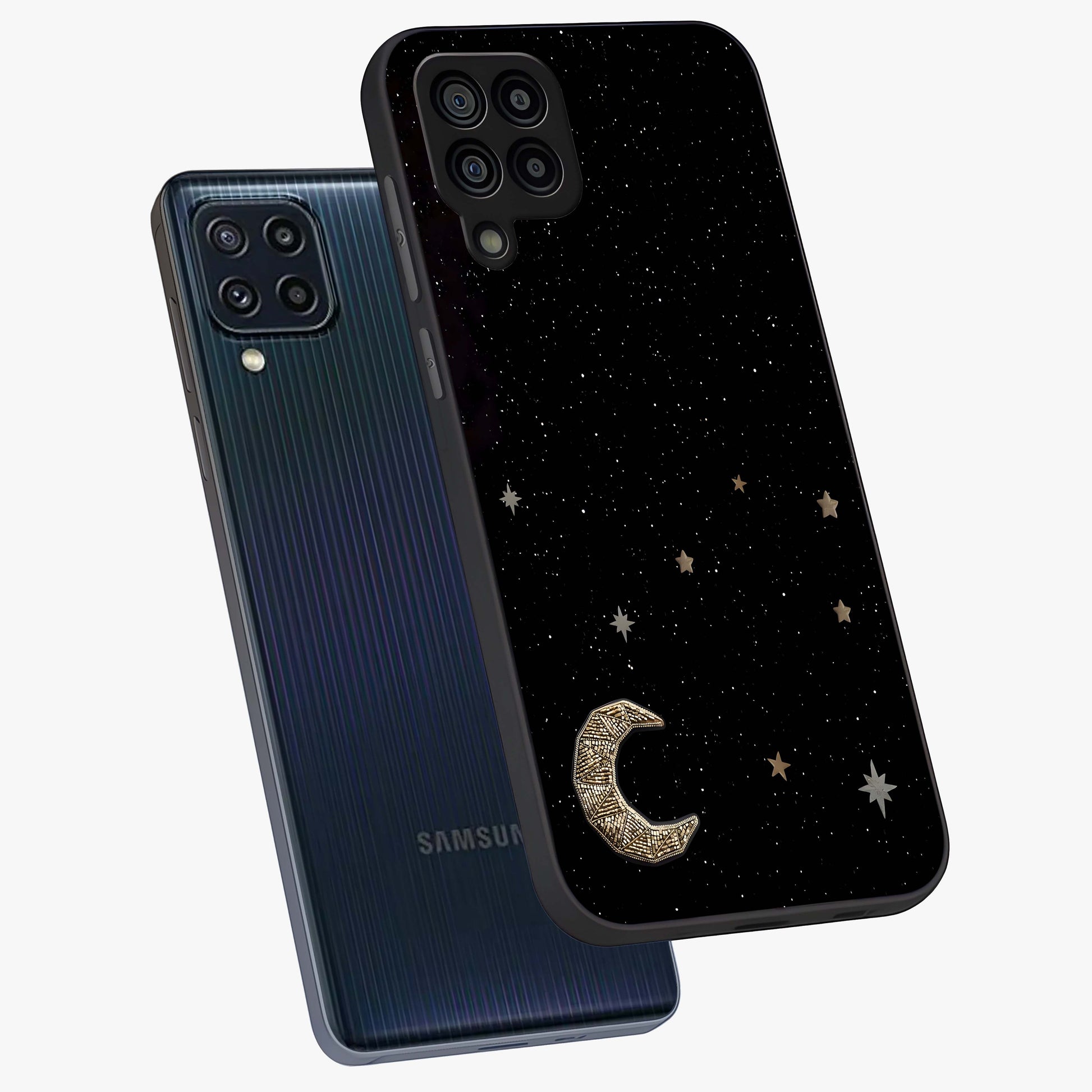 Twinkle Star With Half Moon Glass Case displayed in angled mockup highlighting celestial moon and star design with magical aesthetic.