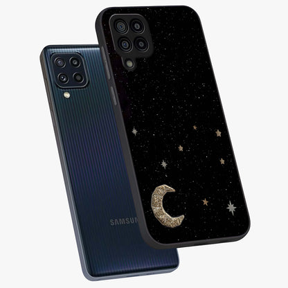 Twinkle Star With Half Moon Glass Case displayed in angled mockup highlighting celestial moon and star design with magical aesthetic.