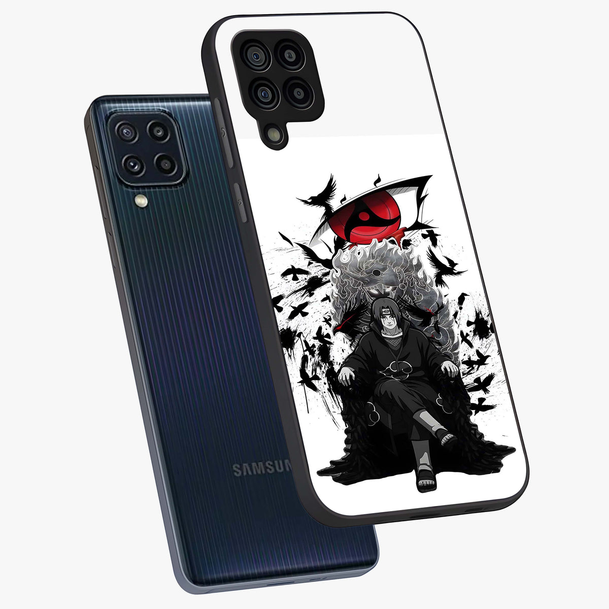 Uchiha Shadow Throne Glass Case displayed in angled mockup highlighting glowing aquatic design with celestial aesthetic.