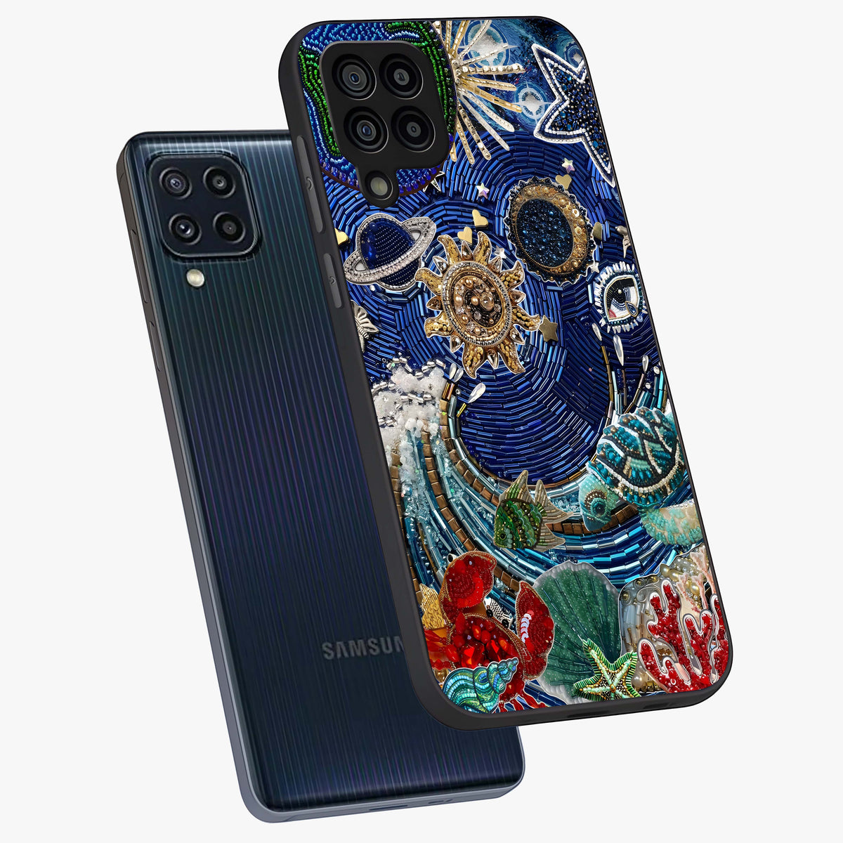 Universe Underwater Spark Glass Case displayed in angled mockup highlighting glowing aquatic design with celestial aesthetic.