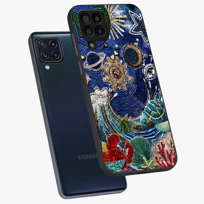 Universe Underwater Spark Glass Case displayed in angled mockup highlighting glowing aquatic design with celestial aesthetic.