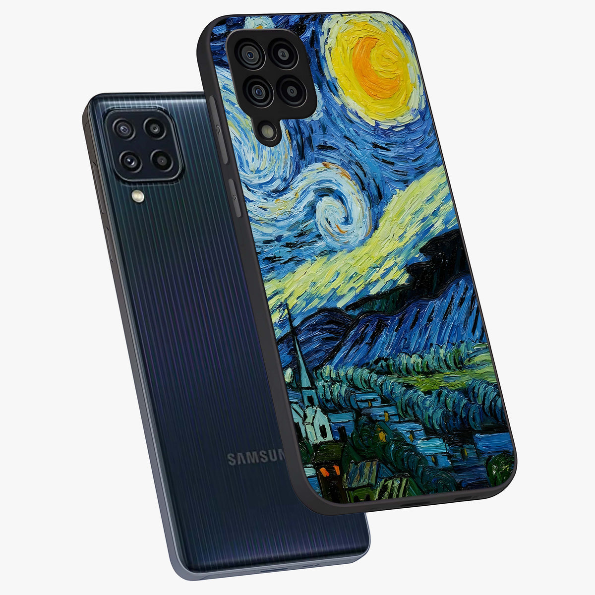 Van Gogh Art Glass Case displayed in angled mockup highlighting swirling brushstroke design with artistic aesthetic.