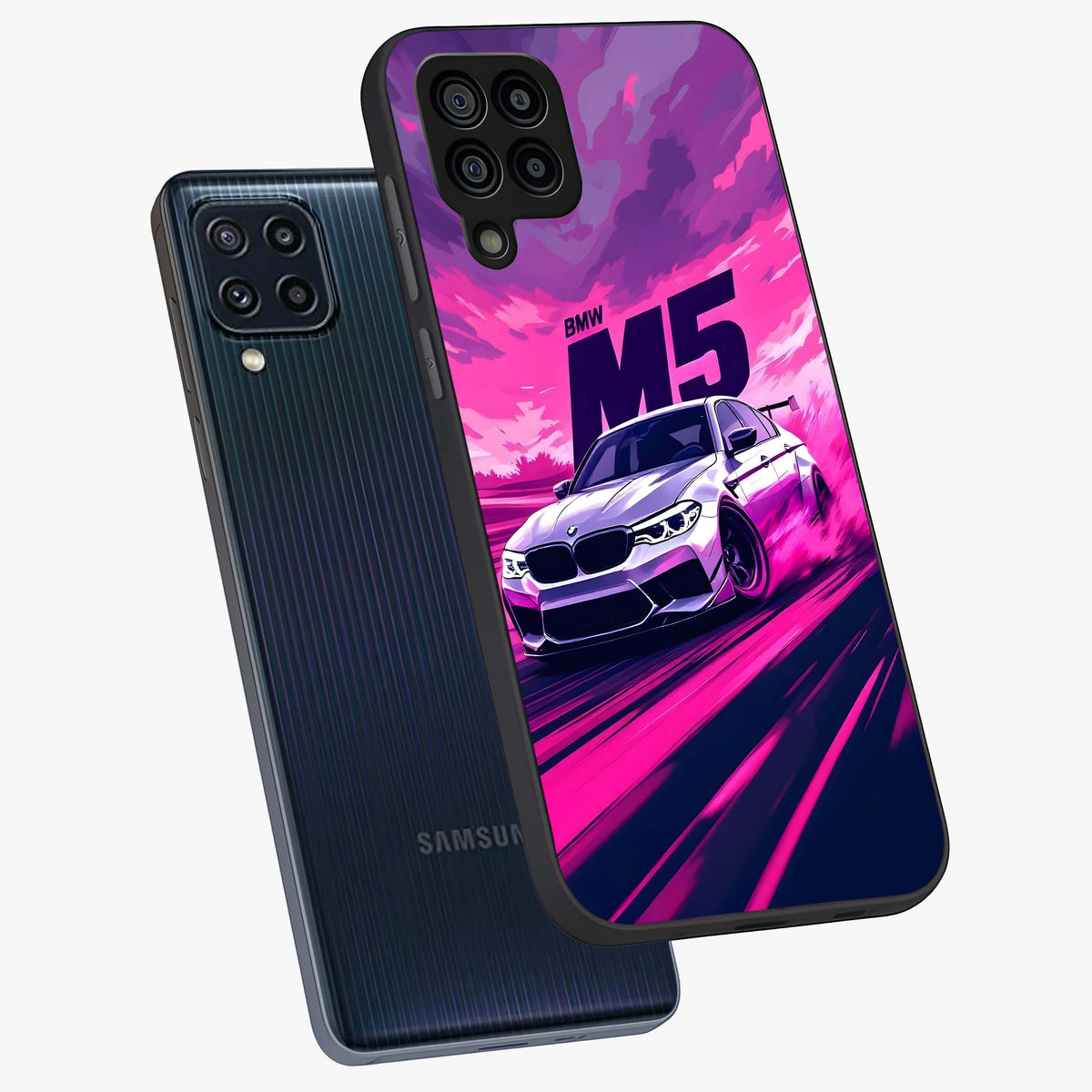 Velocity Drift Pulse Glass Case displayed in angled mockup highlighting dynamic drift design with sporty automotive aesthetic.