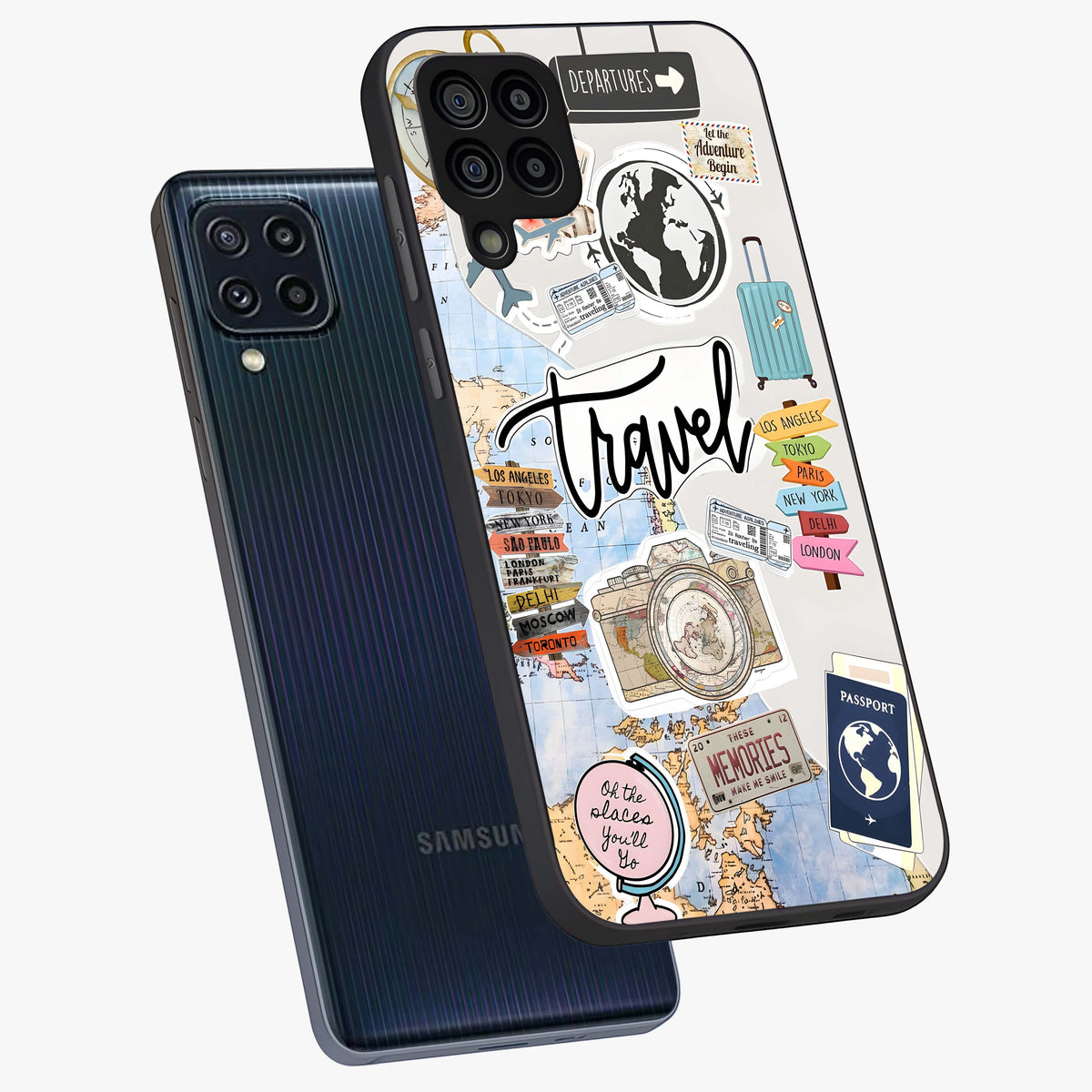 Wanderlust Journal Glass Case displayed in angled mockup highlighting adventure themed design with aesthetic travel vibe.