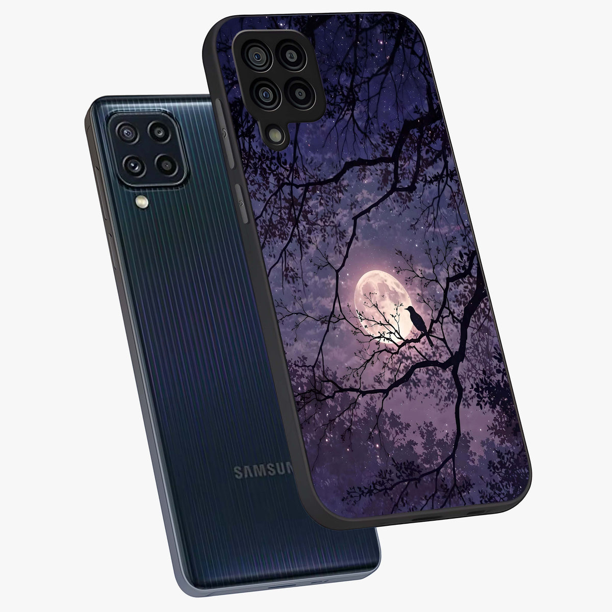 Whispering Moon Silence Glass Case displayed in angled mockup highlighting calm lunar design with dreamy night aesthetic.
