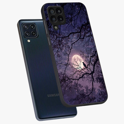 Whispering Moon Silence Glass Case displayed in angled mockup highlighting calm lunar design with dreamy night aesthetic.