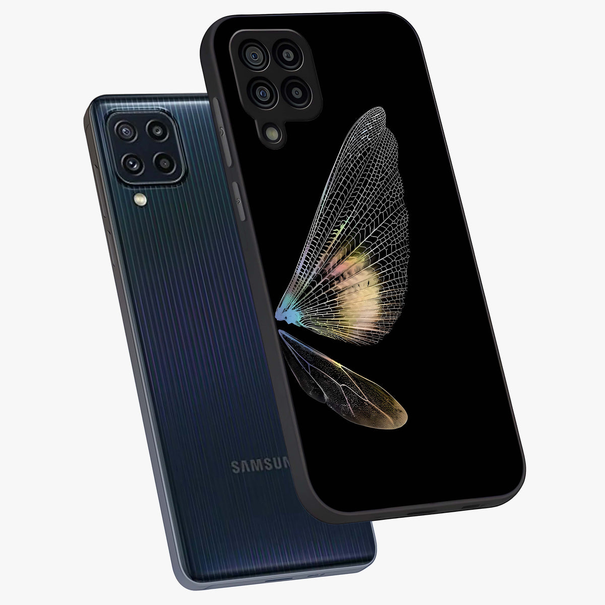 Whispers Of Wings Glass Case displayed in angled mockup highlighting soft feather design with celestial aesthetic style.