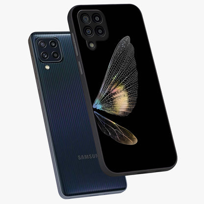 Whispers Of Wings Glass Case displayed in angled mockup highlighting soft feather design with celestial aesthetic style.