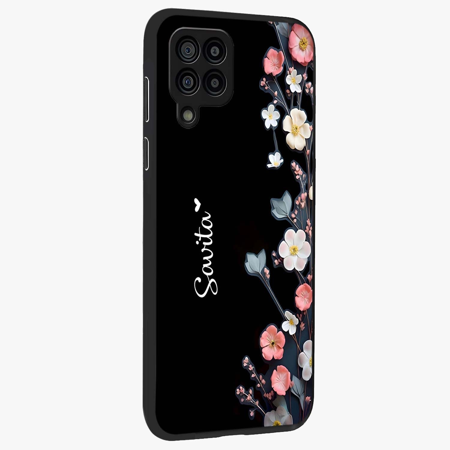 Black Elegance Floral Custom Name Glass Case upright view showcasing luxurious black floral design with personalized name detail.