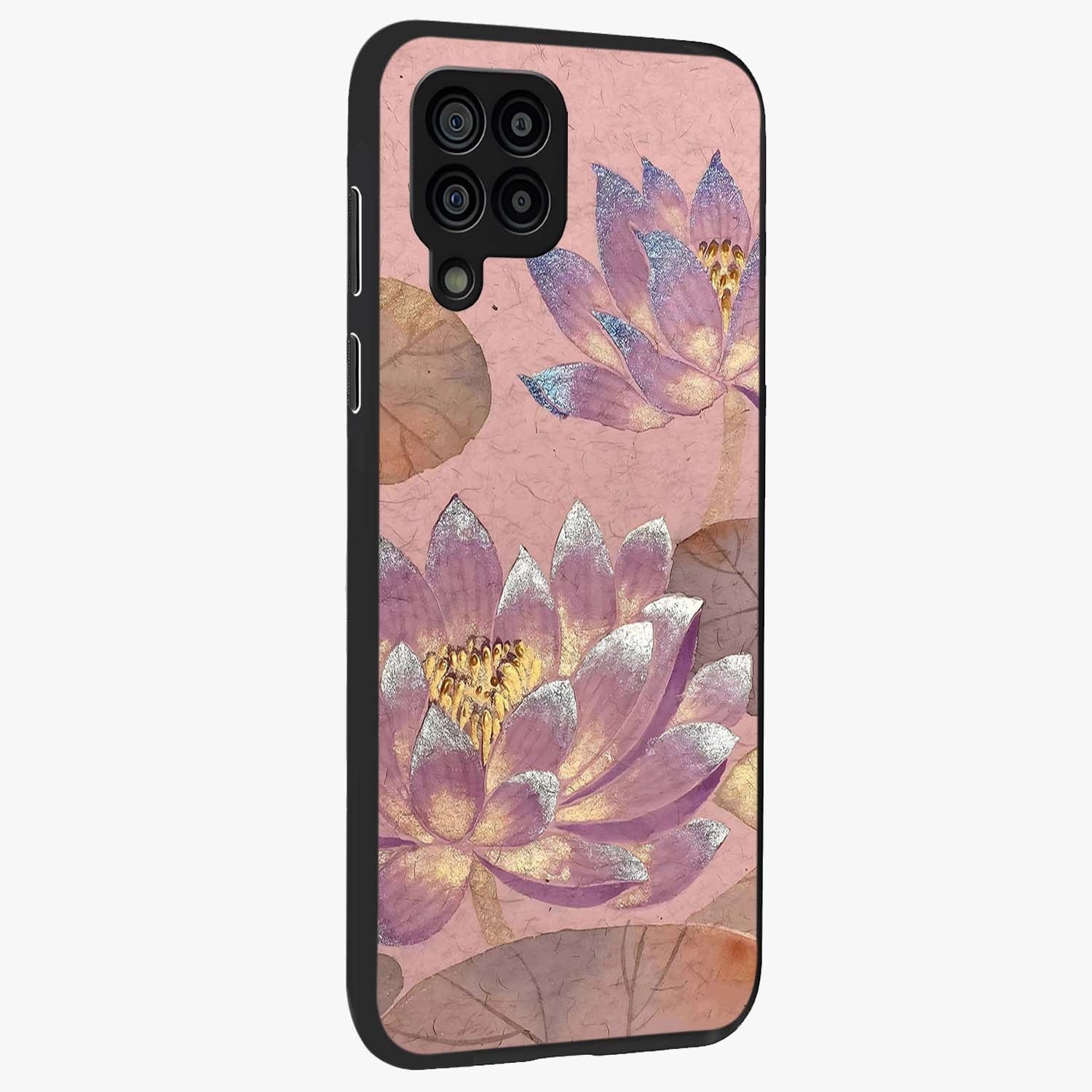 Blossom Mist Lotus Glass Case upright view showcasing graceful lotus flower design with peaceful botanical style.