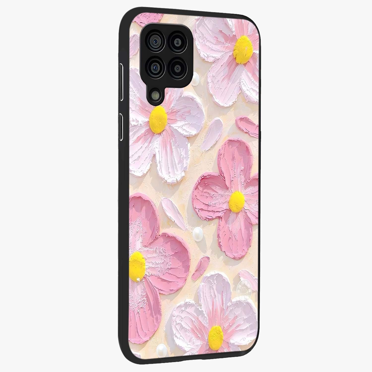 Blush Bloom Texture Glass Case upright view showcasing delicate blush floral texture with modern minimal style.