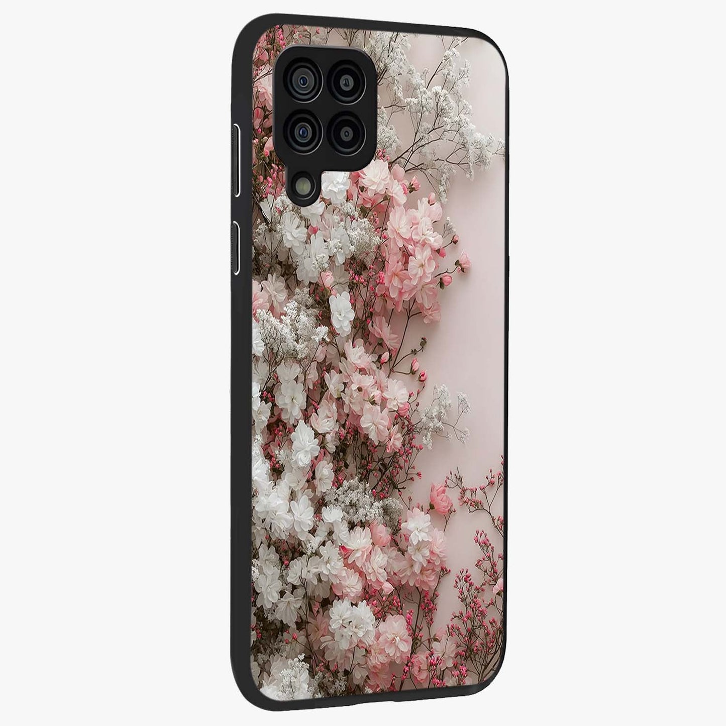 Blush Blossom Cloud Glass Case upright view showcasing calm floral cloud artwork with gentle dreamy theme.