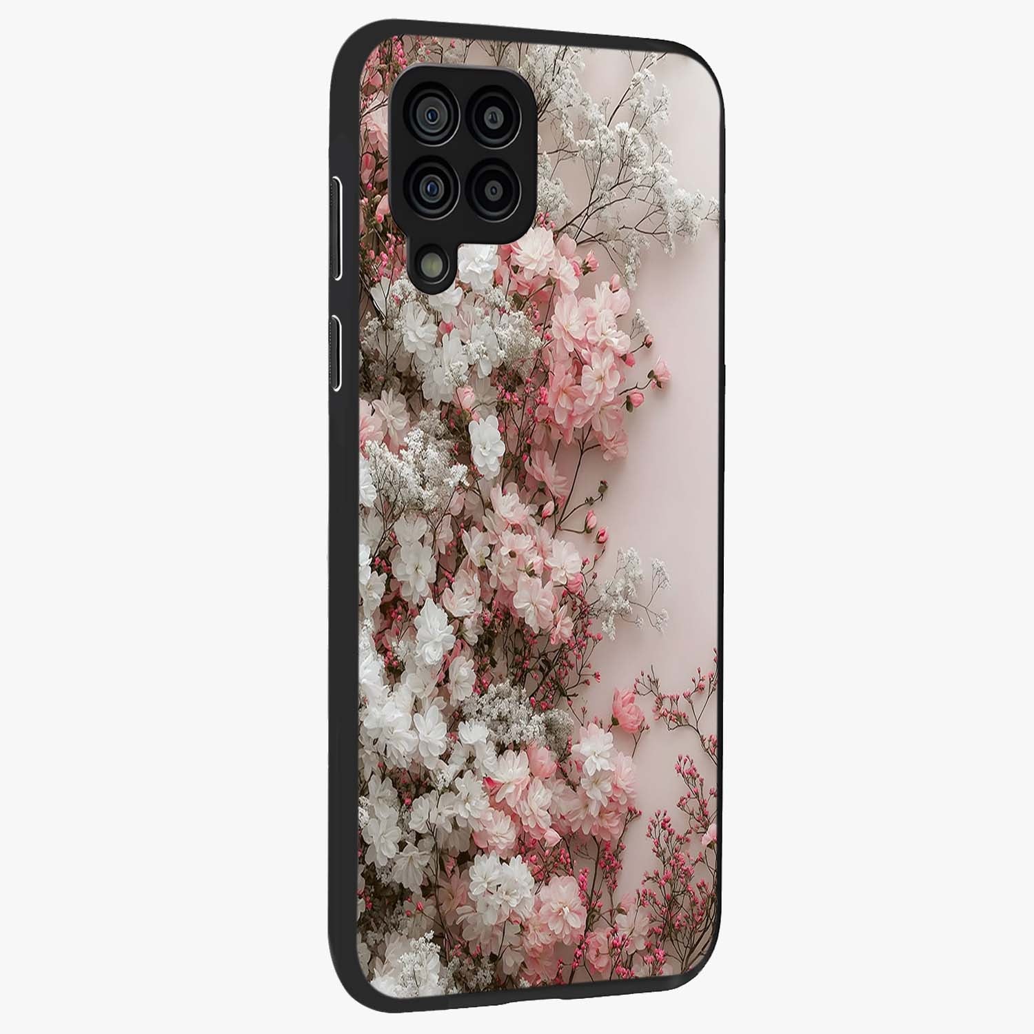 Blush Blossom Cloud Glass Case upright view showcasing calm floral cloud artwork with gentle dreamy theme.