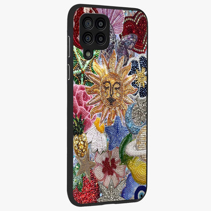 Celestial Floral and Playful Glass Case upright view showcasing whimsical floral artwork with cosmic aesthetic theme.