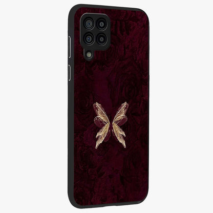 Crimson Fade Butterfly Glass Case upright view showcasing graceful butterfly artwork with soft crimson fade effect.
