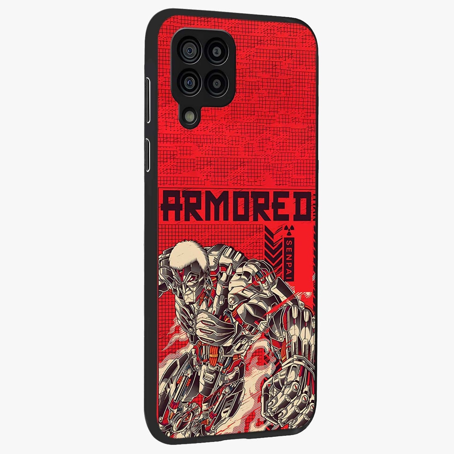 Crimson Mecha Titan Glass Case upright view showcasing dynamic robotic titan design with sci-fi inspired theme.