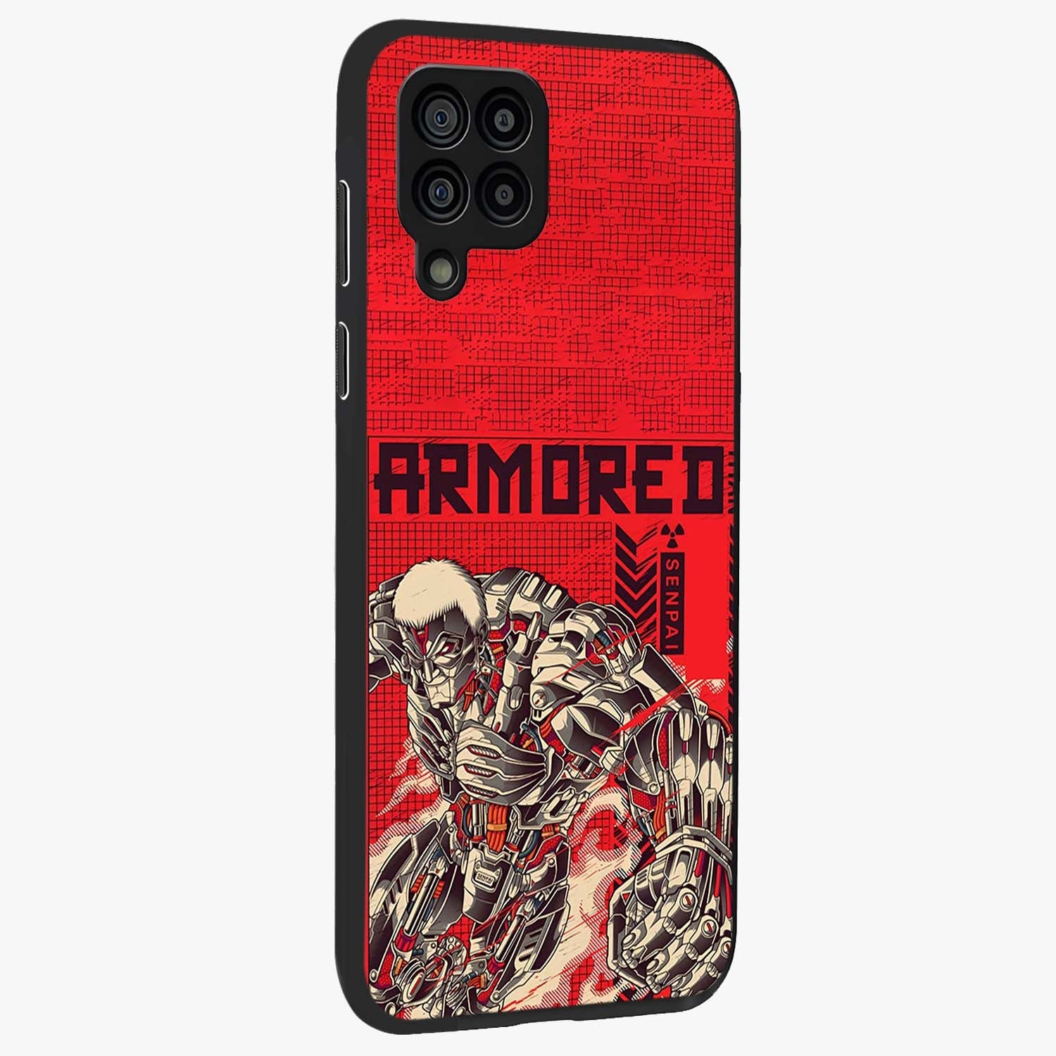 Crimson Mecha Titan Glass Case upright view showcasing dynamic robotic titan design with sci-fi inspired theme.
