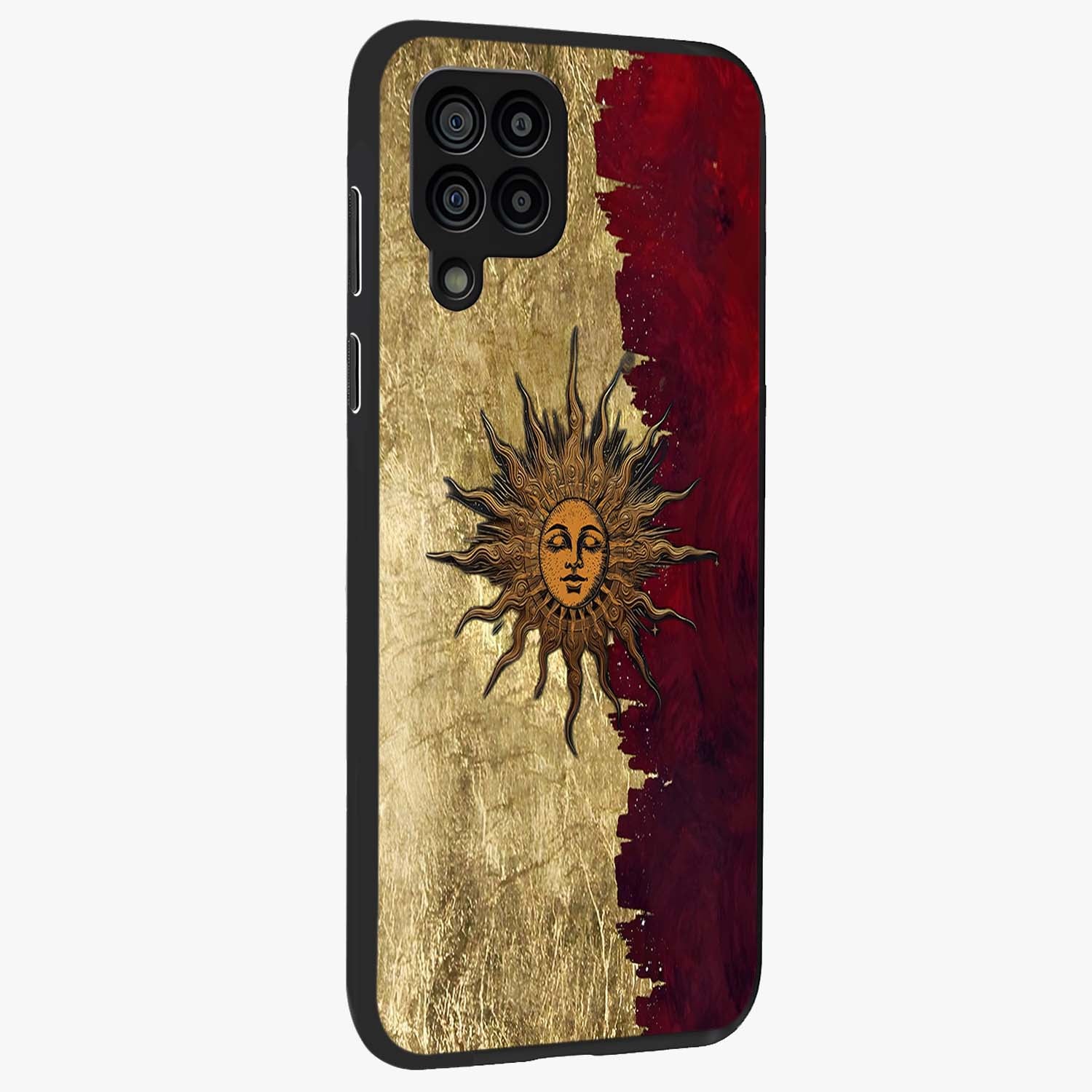Crimson Sun Majesty Glass Case upright view showcasing vibrant sun artwork with powerful celestial theme.