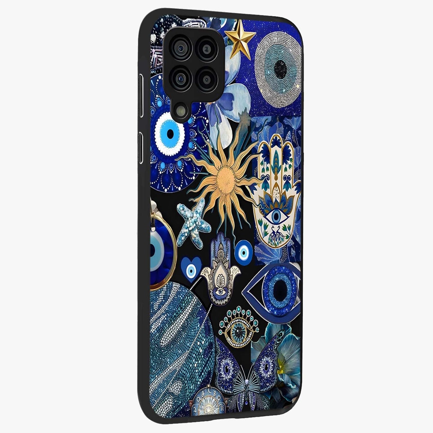 Evil Eye Charm Mix Glass Case upright view showcasing mystical evil eye pattern with vibrant decorative style.