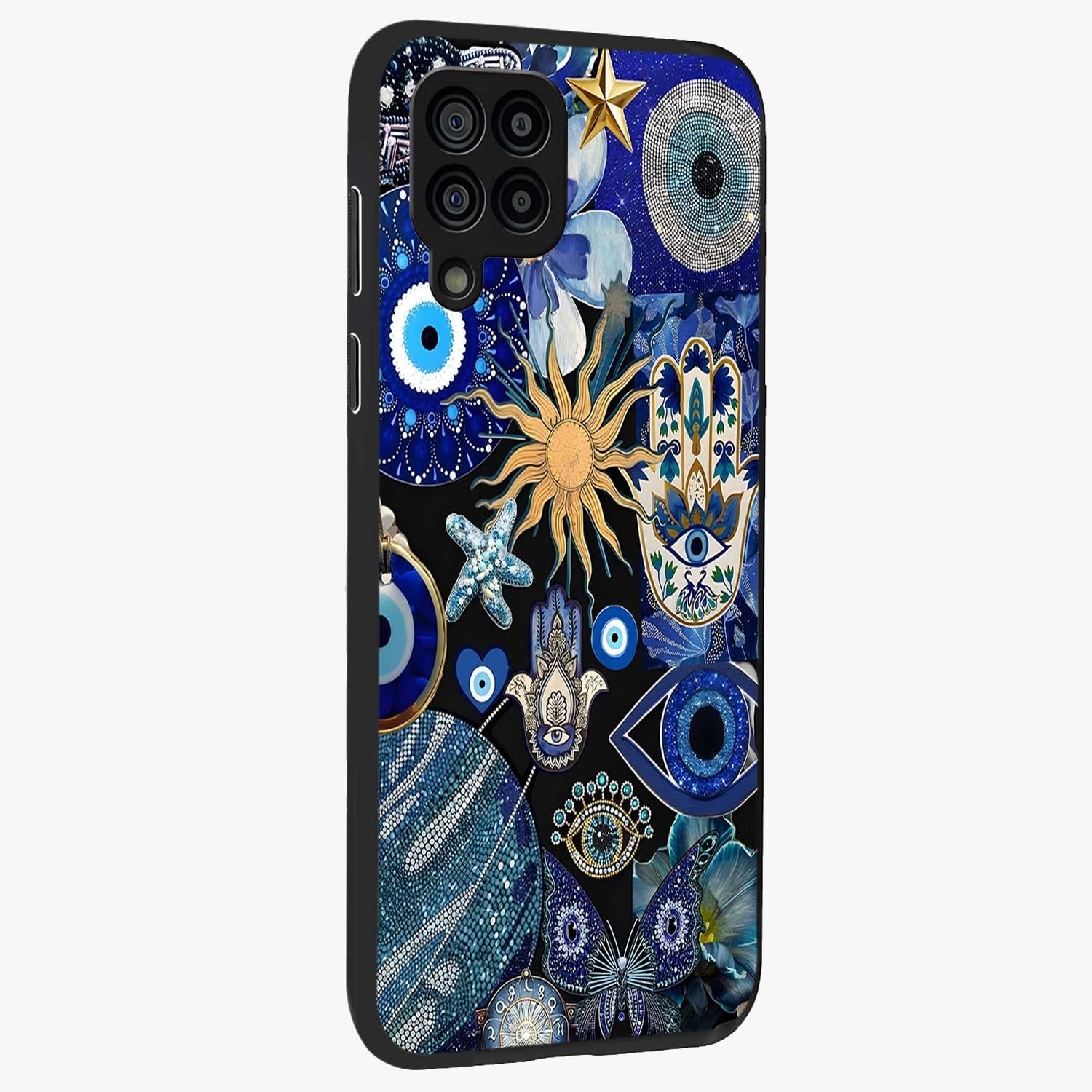 Evil Eye Charm Mix Glass Case upright view showcasing mystical evil eye pattern with vibrant decorative style.
