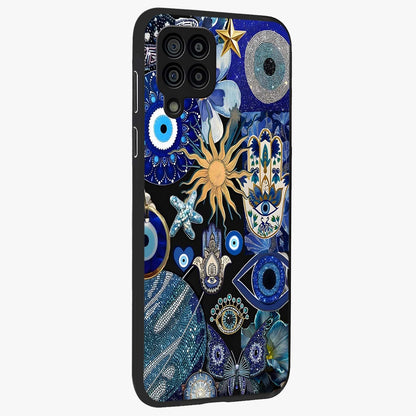 Evil Eye Charm Mix Glass Case upright view showcasing mystical evil eye pattern with vibrant decorative style.