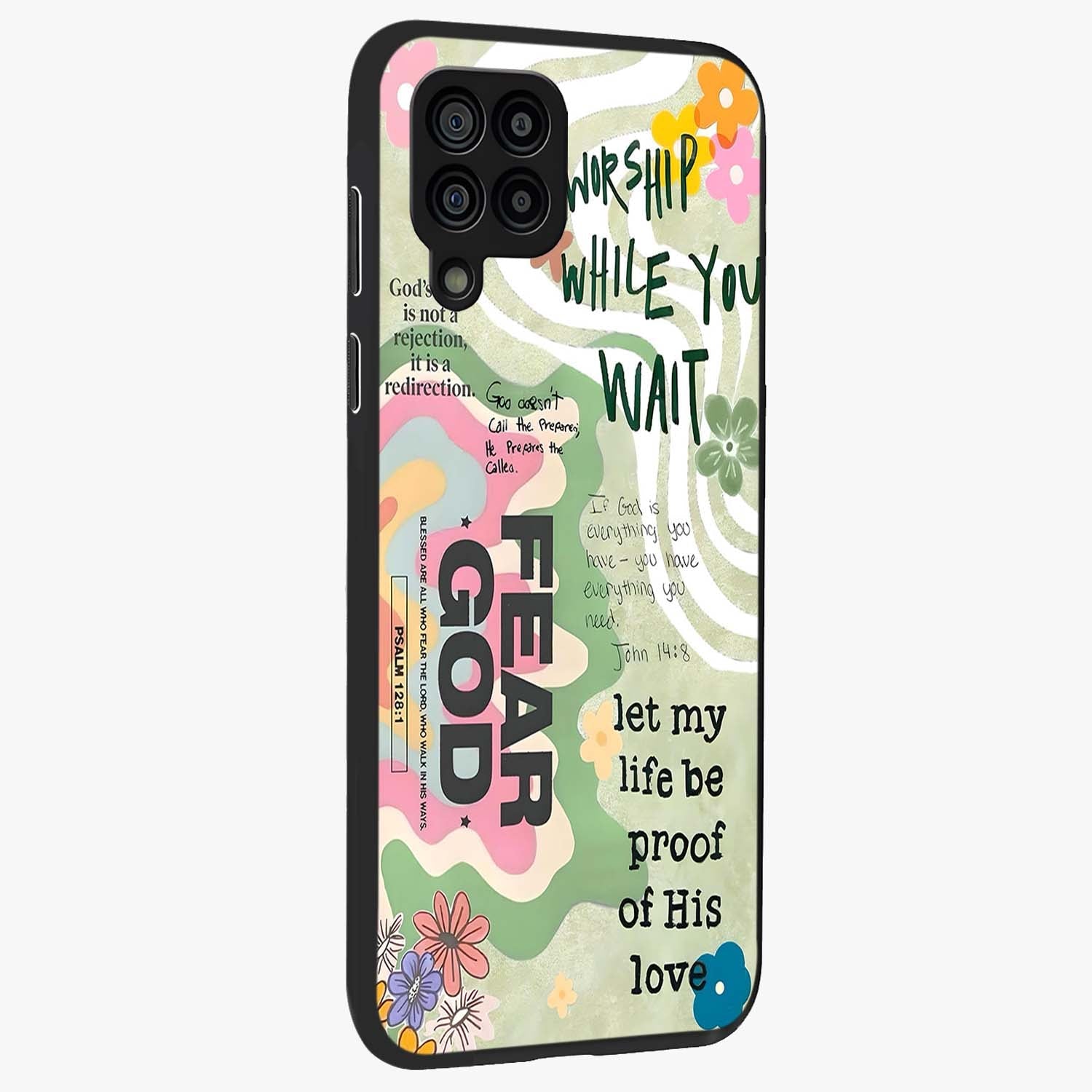 Faith Over Fear Glass Case upright view showcasing bold typography artwork with uplifting motivational theme.