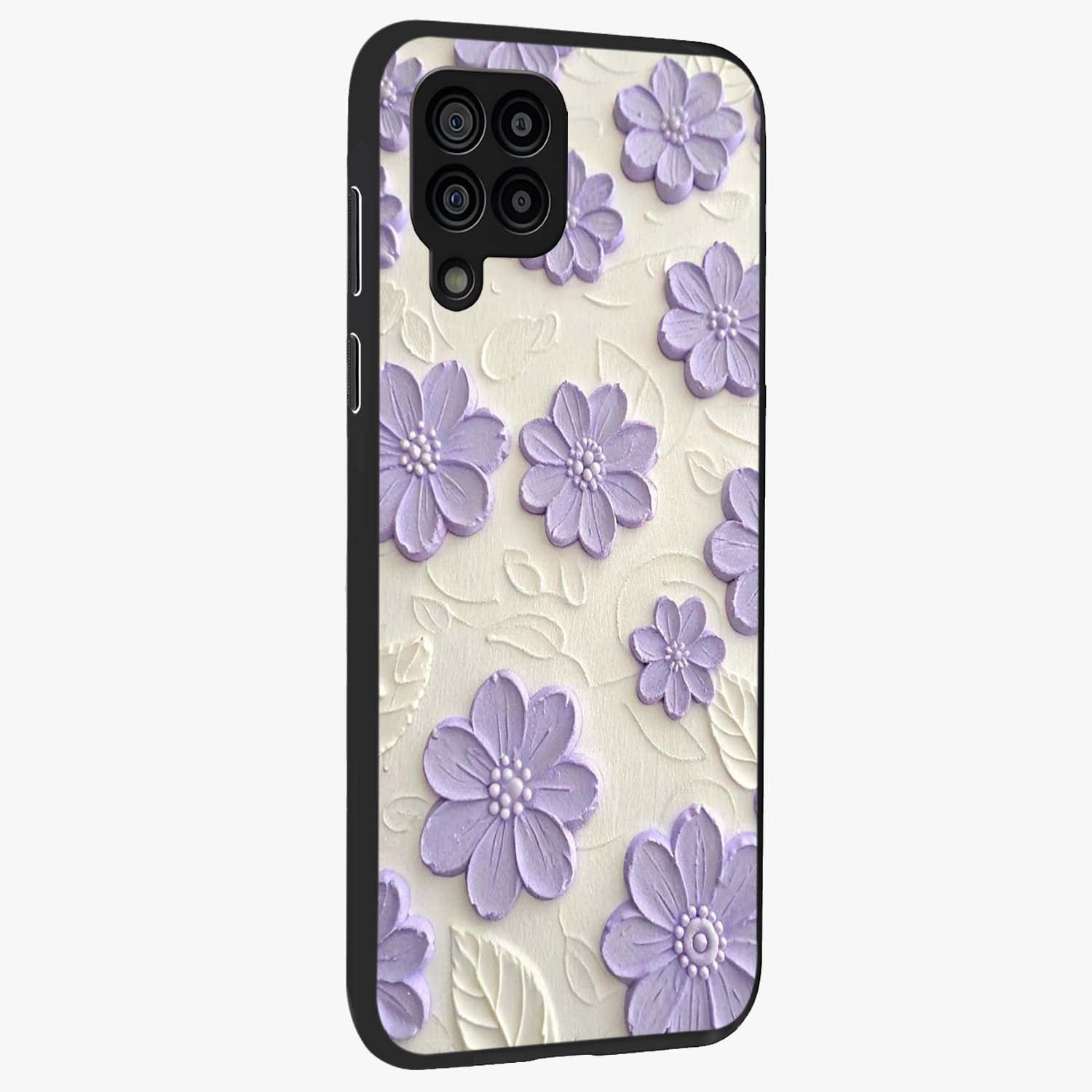 Floral Wall Art With Purple Flowers Glass Case upright view showcasing elegant purple flower artwork with decorative floral theme.