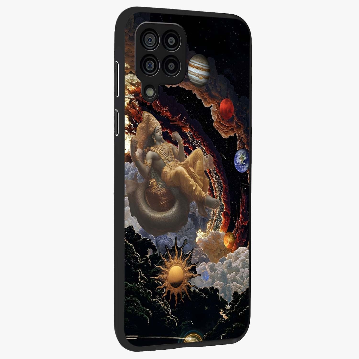 Galactic Divine God Glass Case upright view showcasing mystical divine artwork with dramatic cosmic theme.
