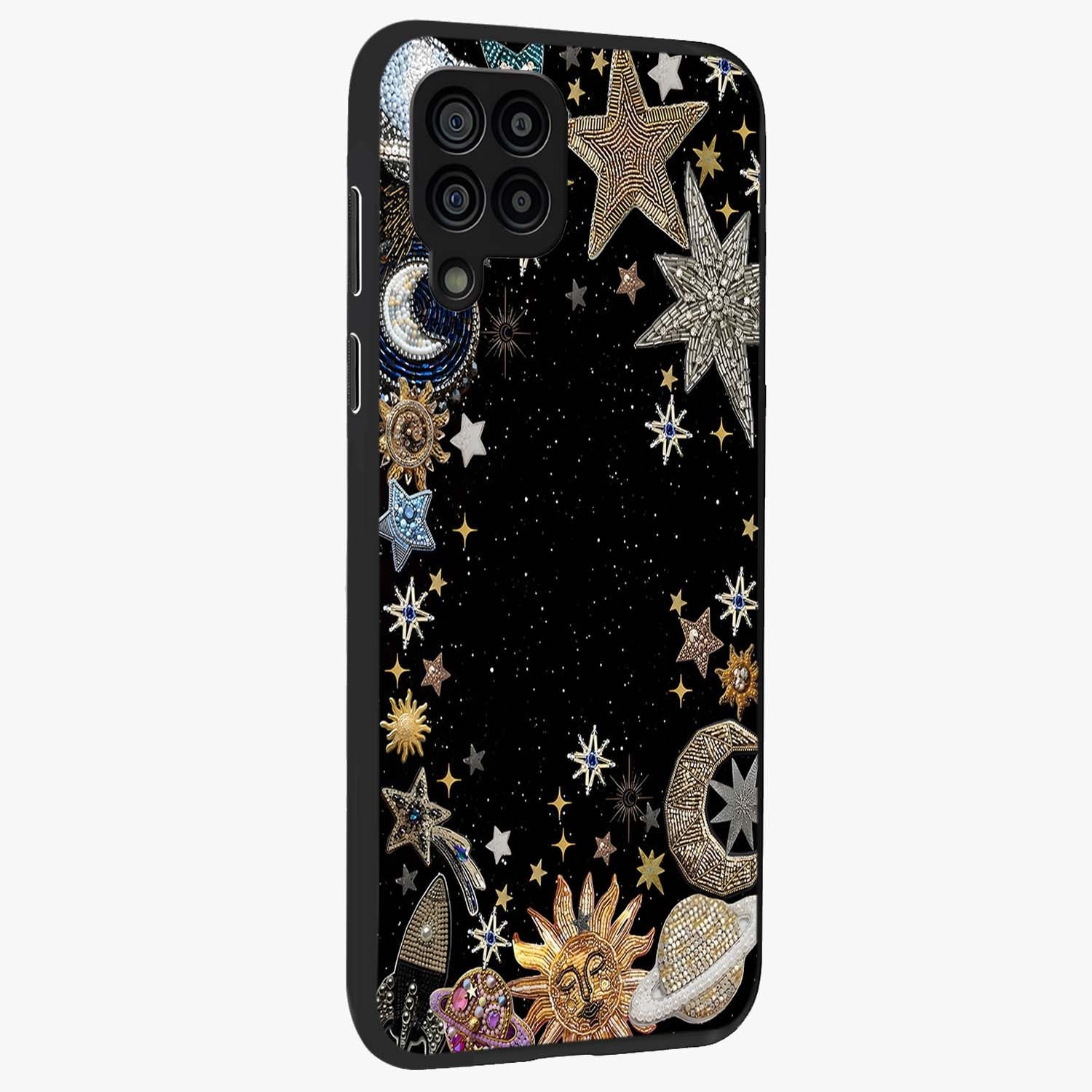 Galactic Jewel Stars Glass Case upright view showcasing glittering star jewel artwork with vibrant galaxy theme.
