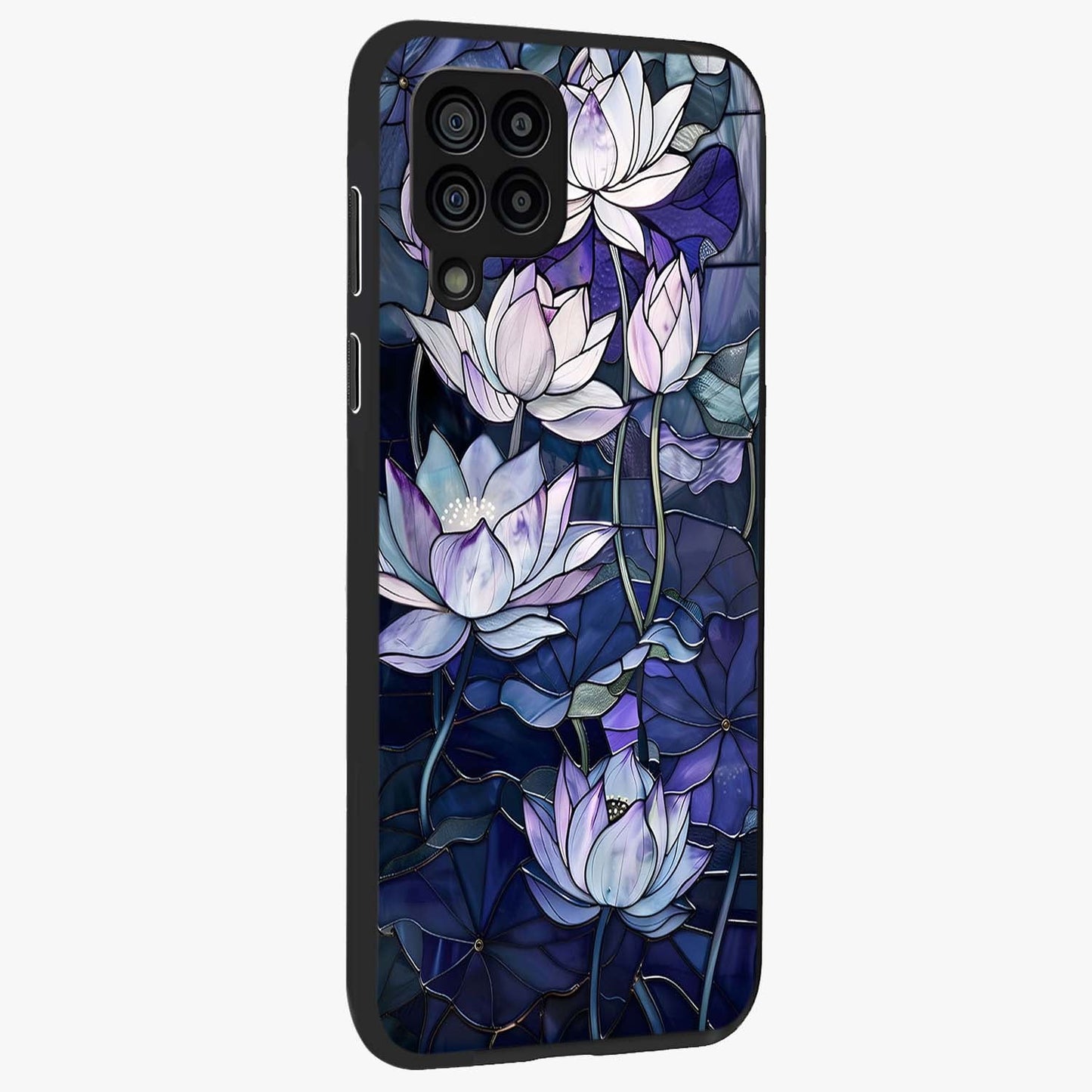 Gloss Petal Rush Glass Case upright view showcasing dynamic floral petal artwork with modern botanical theme.