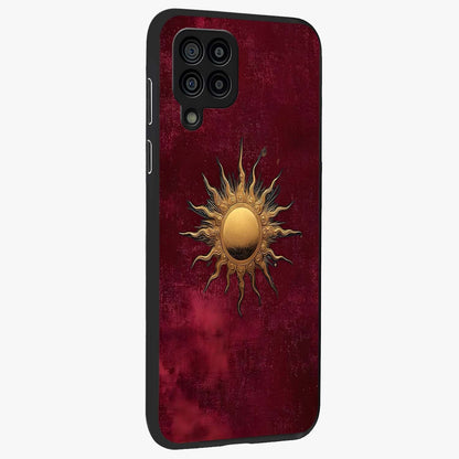 Golden Sun Minimalism Glass Case upright view showcasing simple golden sun artwork with elegant minimalist style.