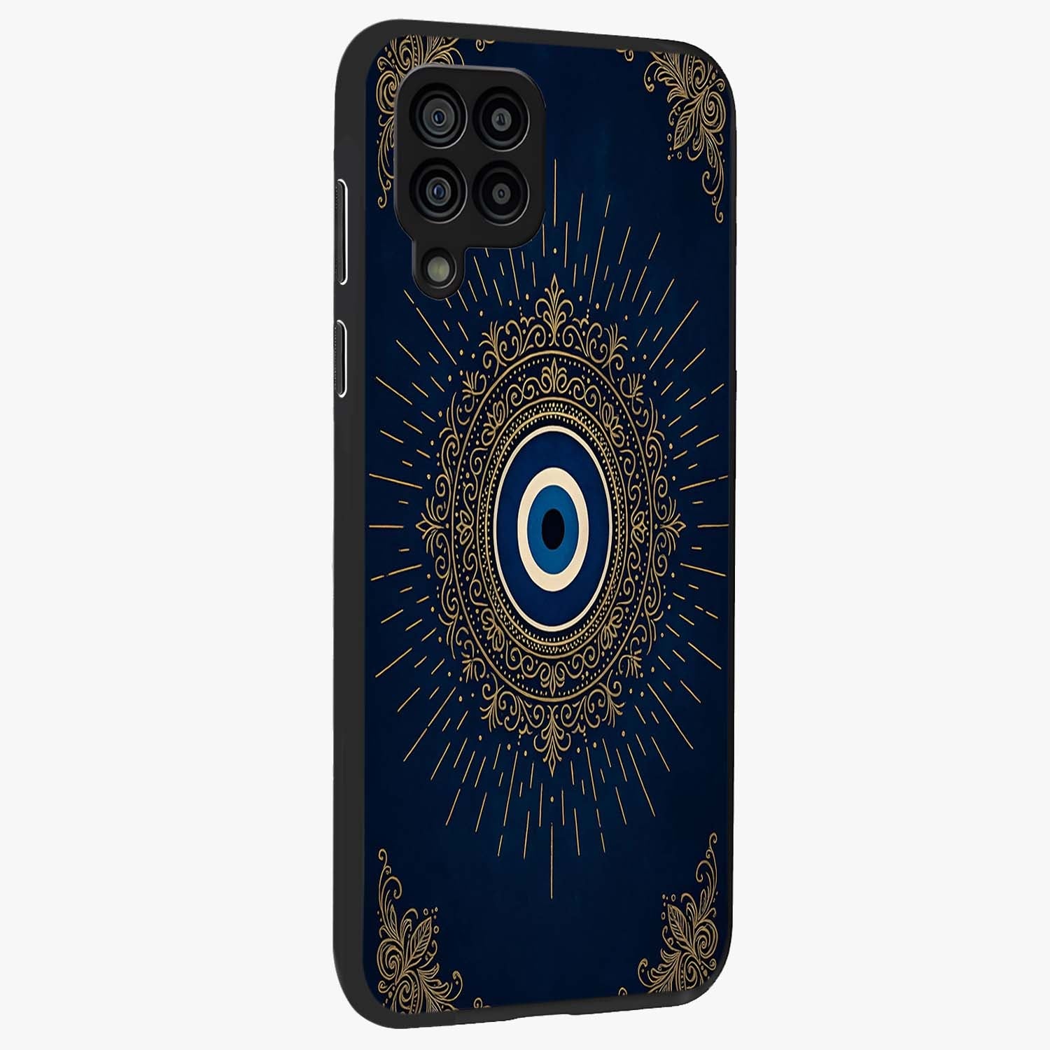 Golden Celestial Charm Glass Case upright view showcasing radiant celestial artwork with elegant golden theme.