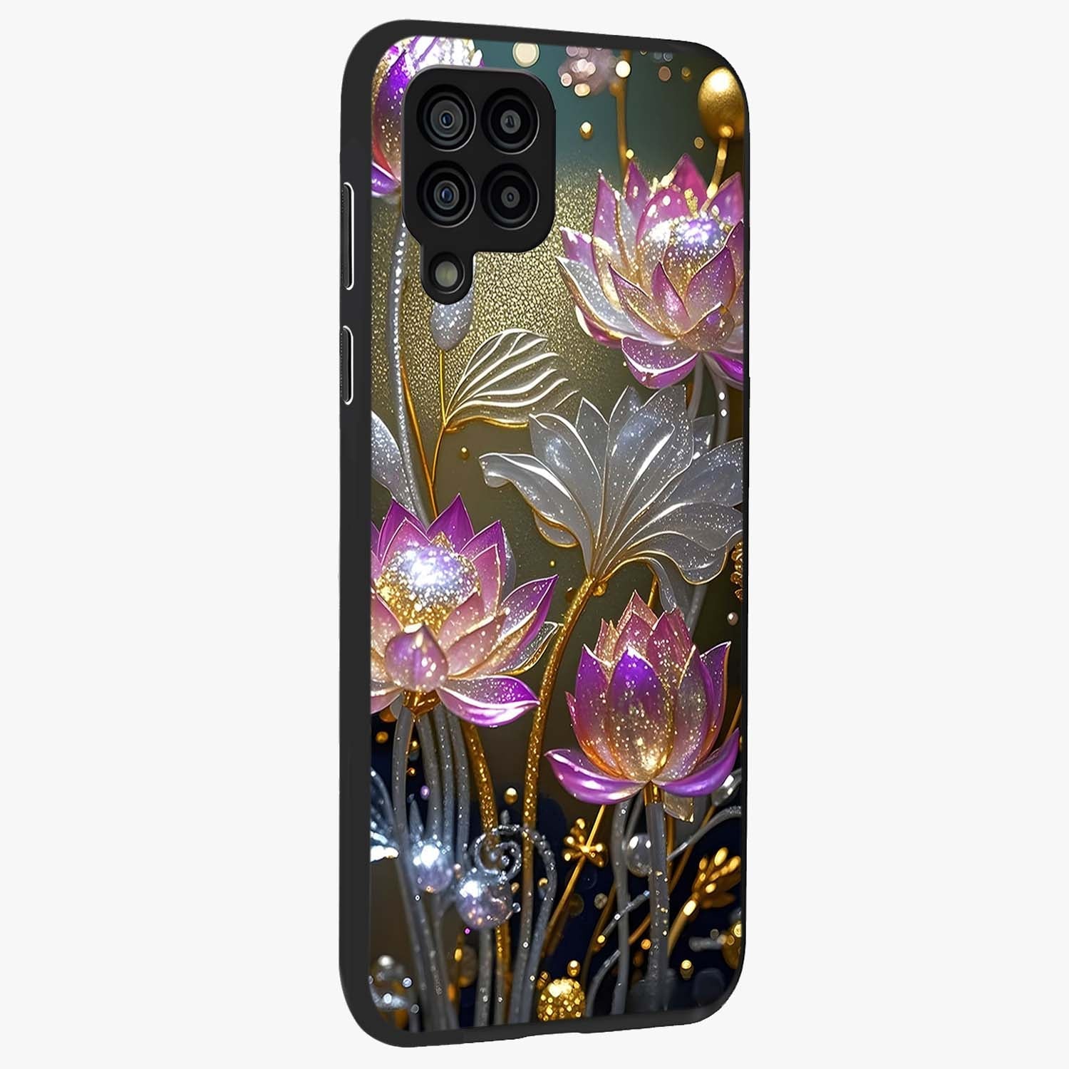 Golden Floral Majesty Glass Case upright view showcasing majestic floral artwork with rich decorative theme.