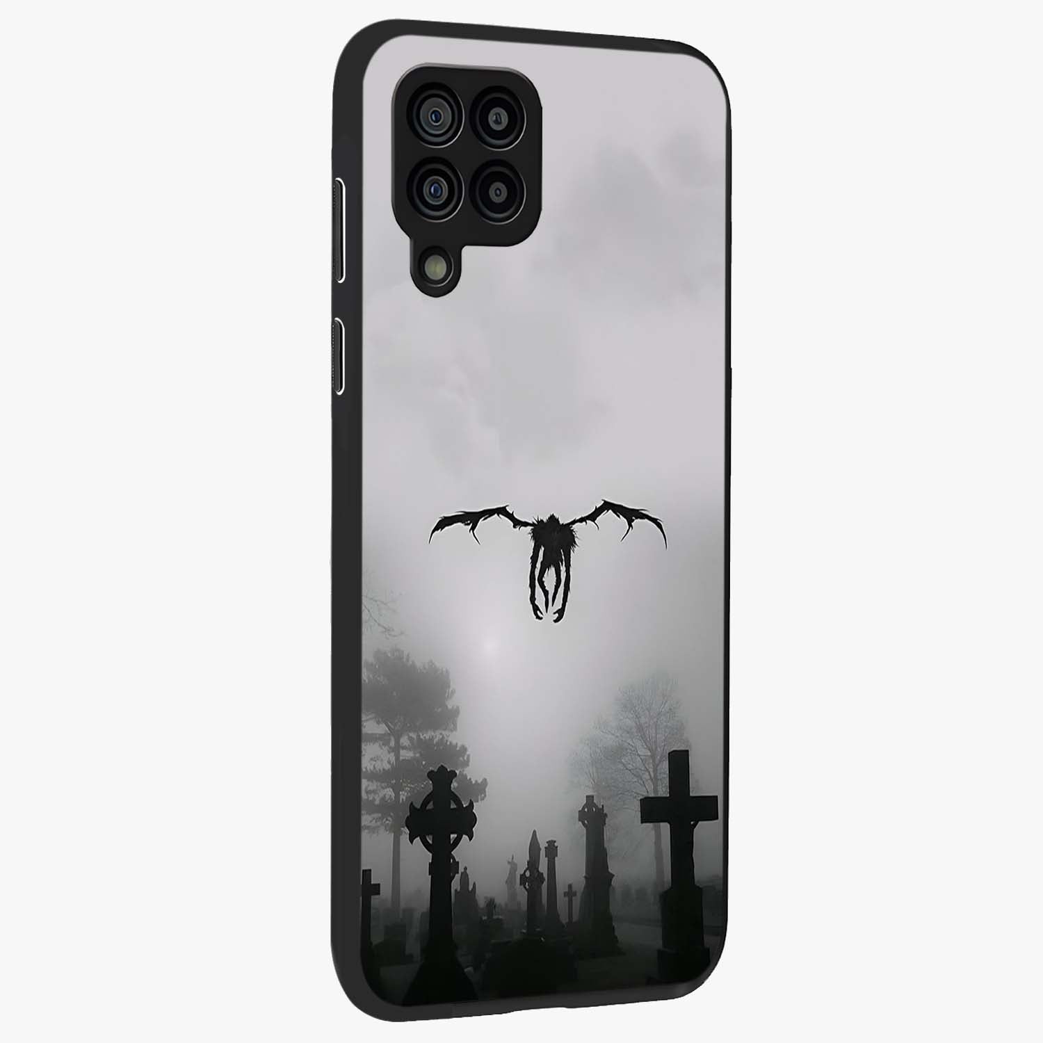 Graveyard Shadow Descent Glass Case upright view showcasing haunting graveyard artwork with dramatic dark theme.