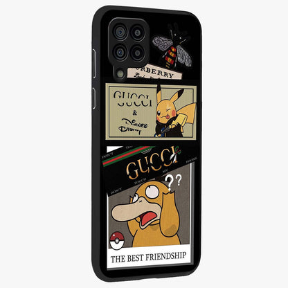 Gucci Play Mashup Glass Case upright view showcasing trendy luxury inspired artwork with modern fashion theme.