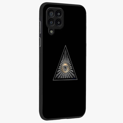 Illuminati Evil Glass Case upright view showcasing striking illuminati artwork with mysterious symbolic theme.