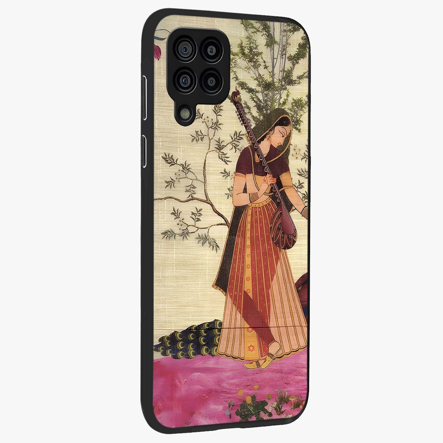 Lady With Veena Art Glass Case upright view showcasing classical veena artwork with traditional artistic theme.