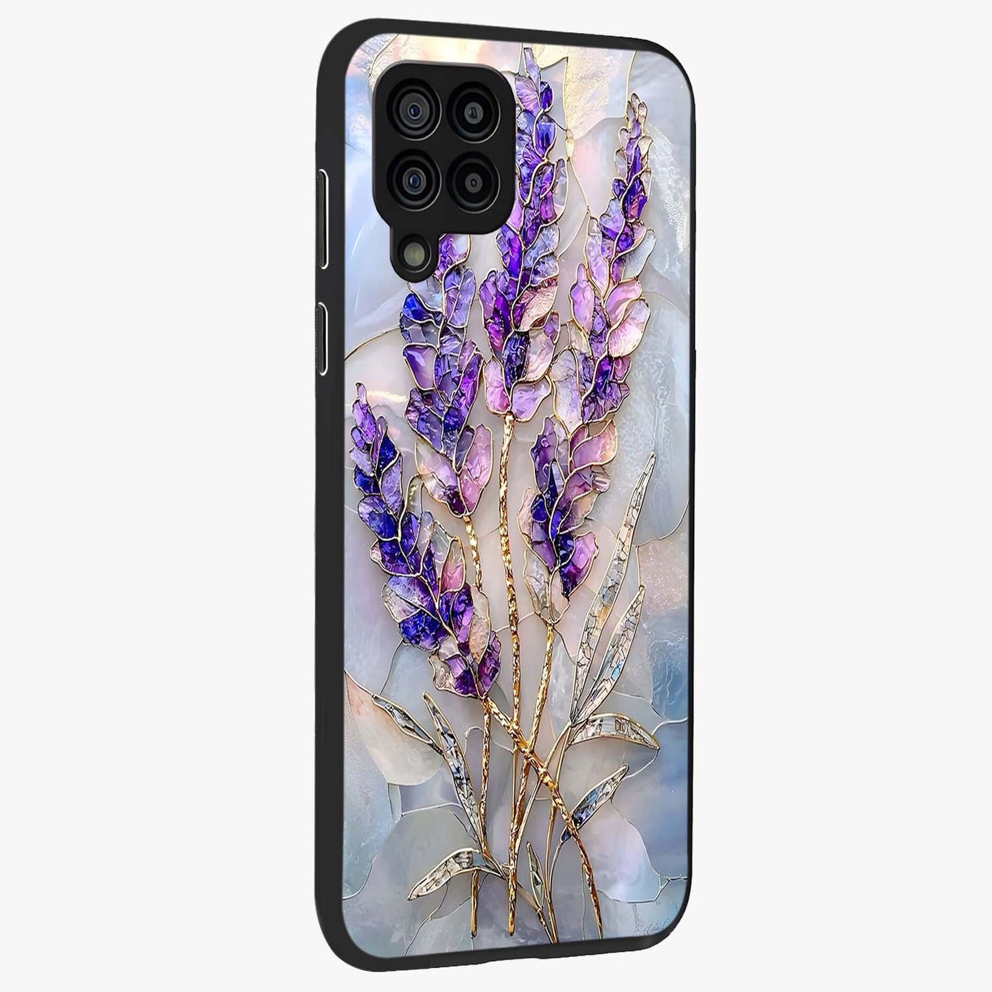 Lavender Dream Glow Glass Case upright view showcasing radiant lavender glow artwork with calming dreamy theme.