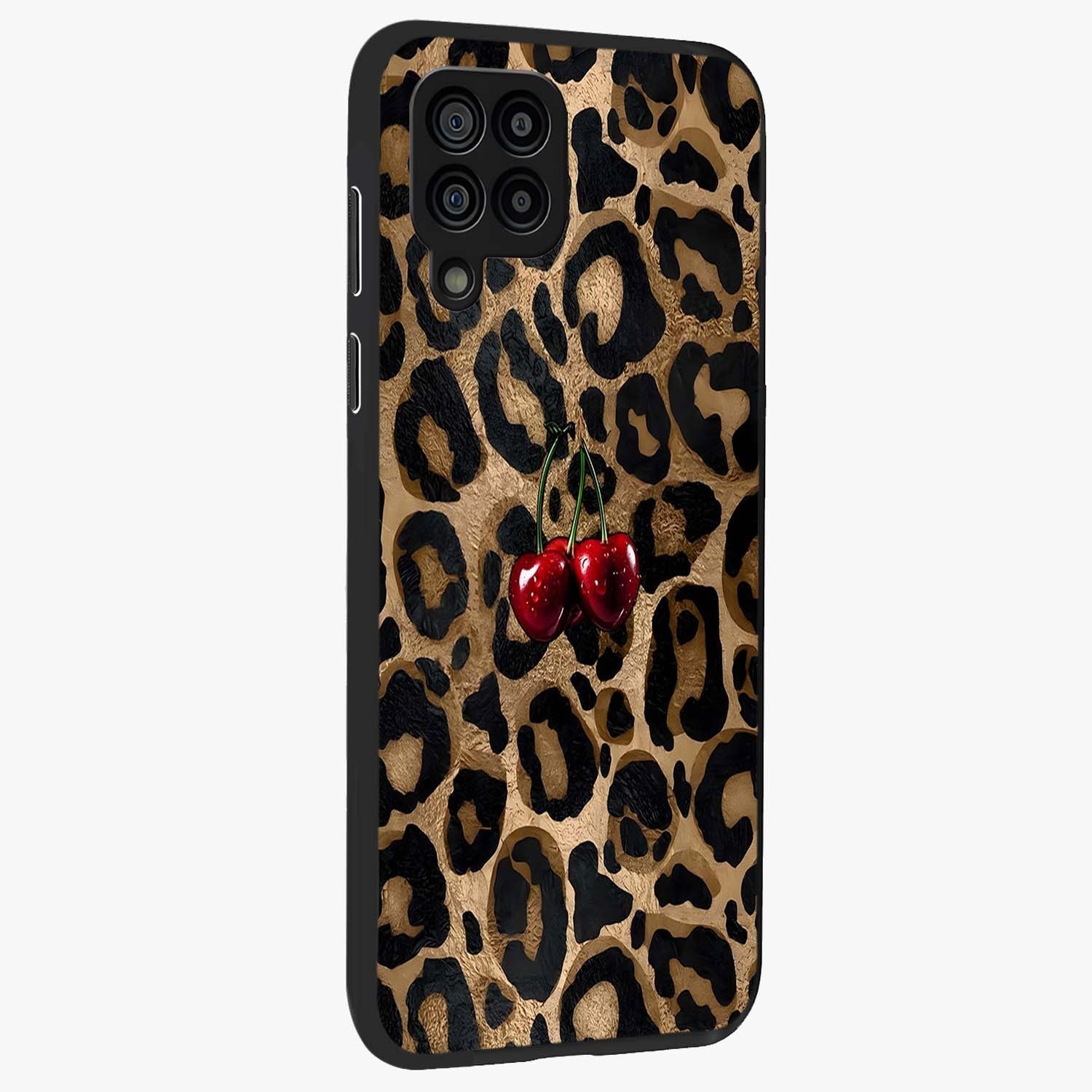 Leopard Wild Cherry Glass Case upright view showcasing stylish leopard pattern artwork with trendy fashion theme.
