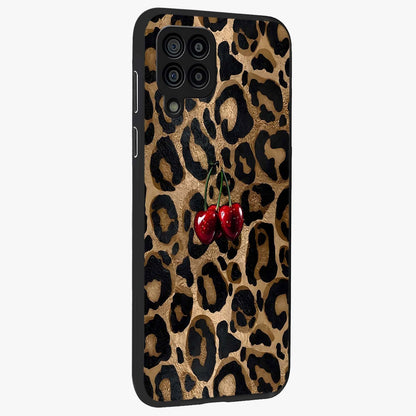 Leopard Wild Cherry Glass Case upright view showcasing stylish leopard pattern artwork with trendy fashion theme.