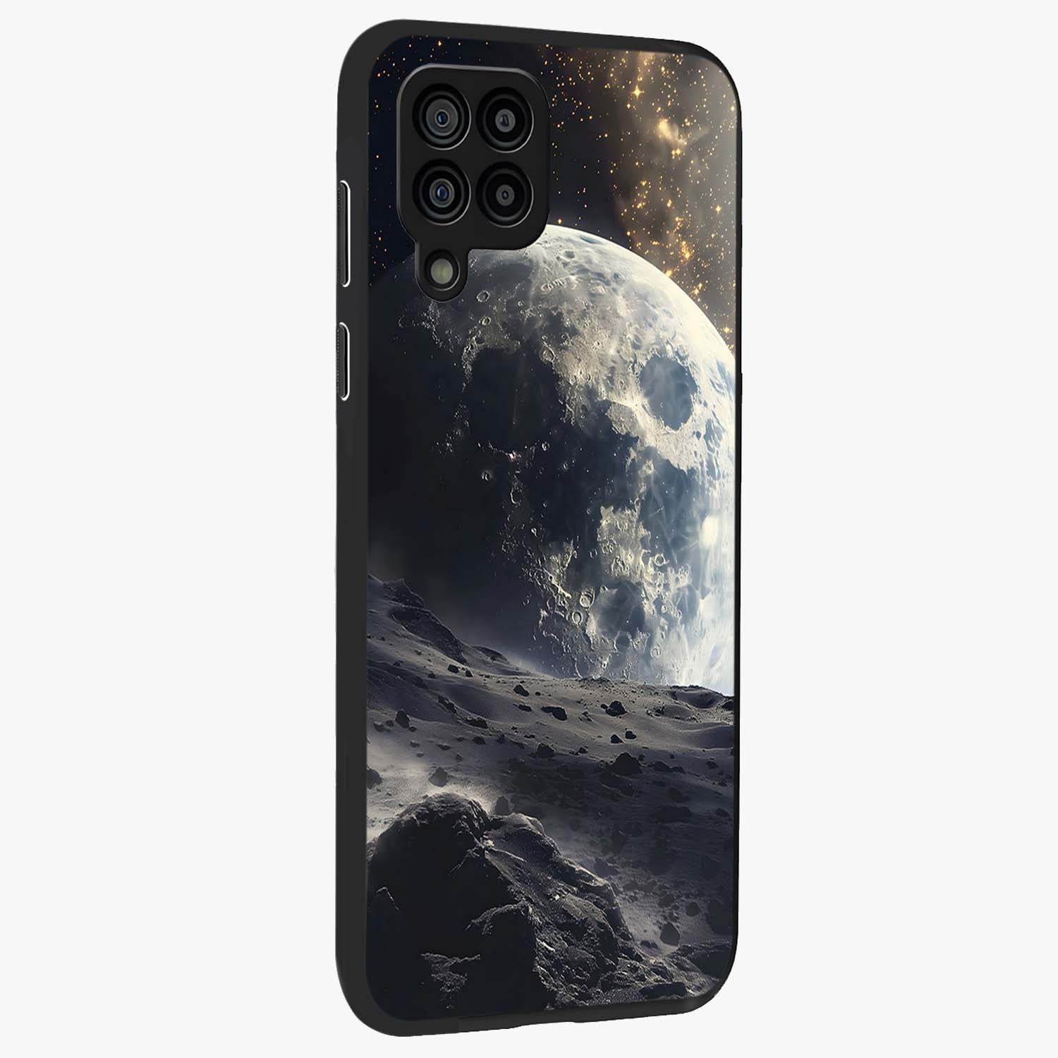 Lunar Horizon Glow Glass Case upright view showcasing radiant lunar artwork with calm cosmic theme.