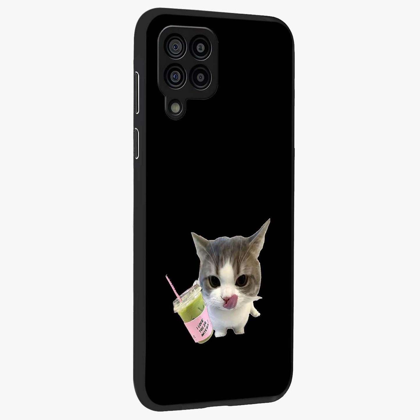 Matcha Cat Style Glass Case upright view showcasing charming cat artwork with cozy aesthetic theme.