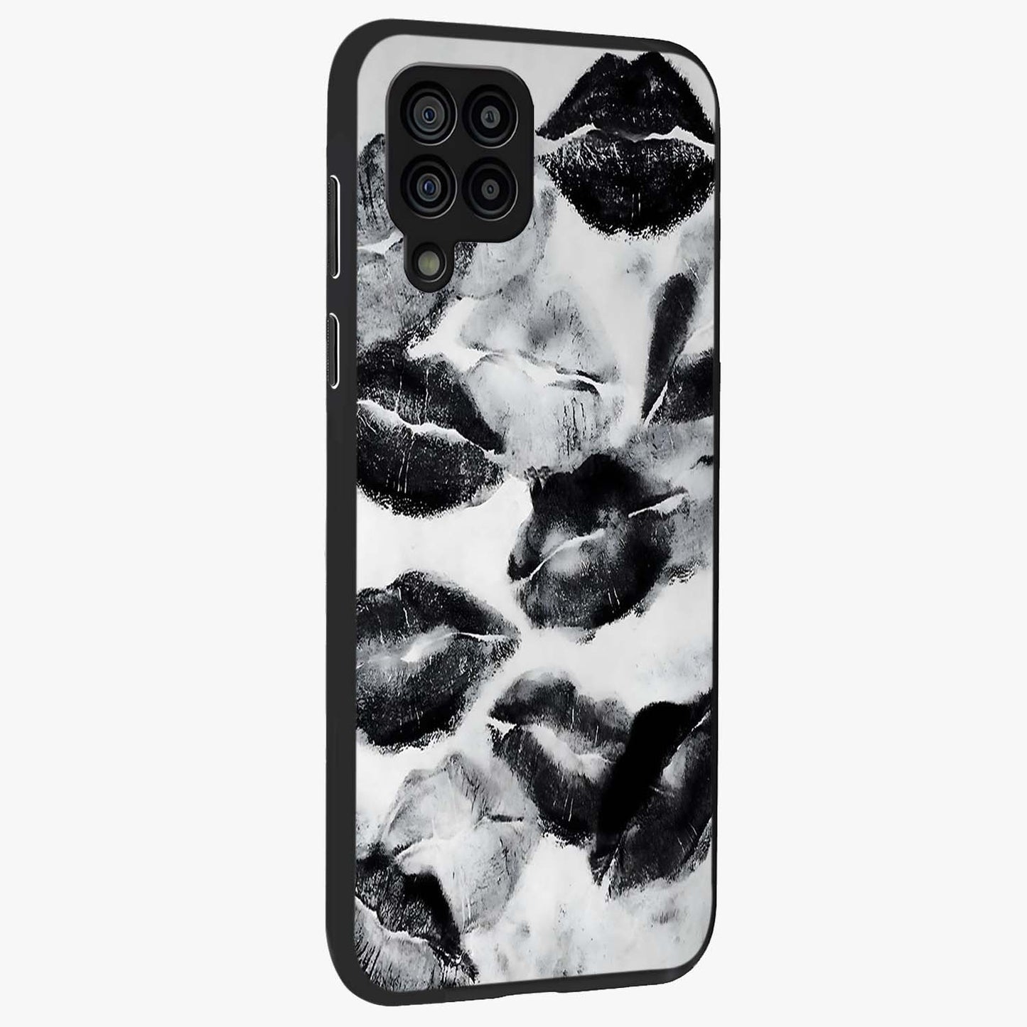 Midnight Kiss Marks Glass Case upright view showcasing stylish kiss mark artwork with trendy romantic theme.