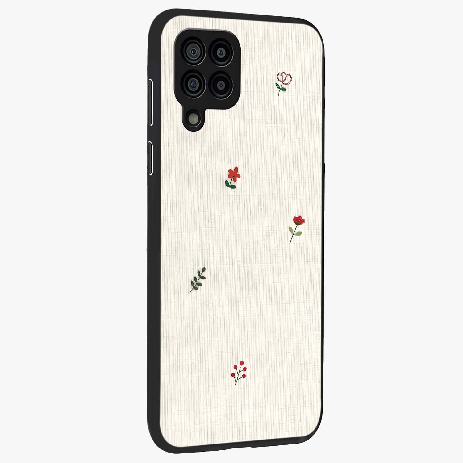 Minimalistic Blue With White Flower Pattern Glass Case upright view showcasing clean white flower artwork with calming blue theme.