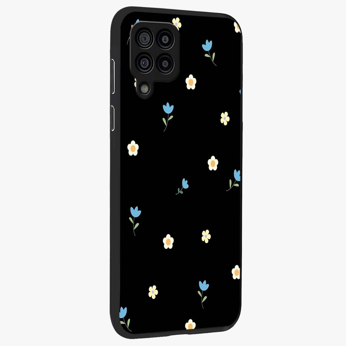 Minimal Petal Whispers Glass Case upright view showcasing elegant floral artwork with modern minimalist style.