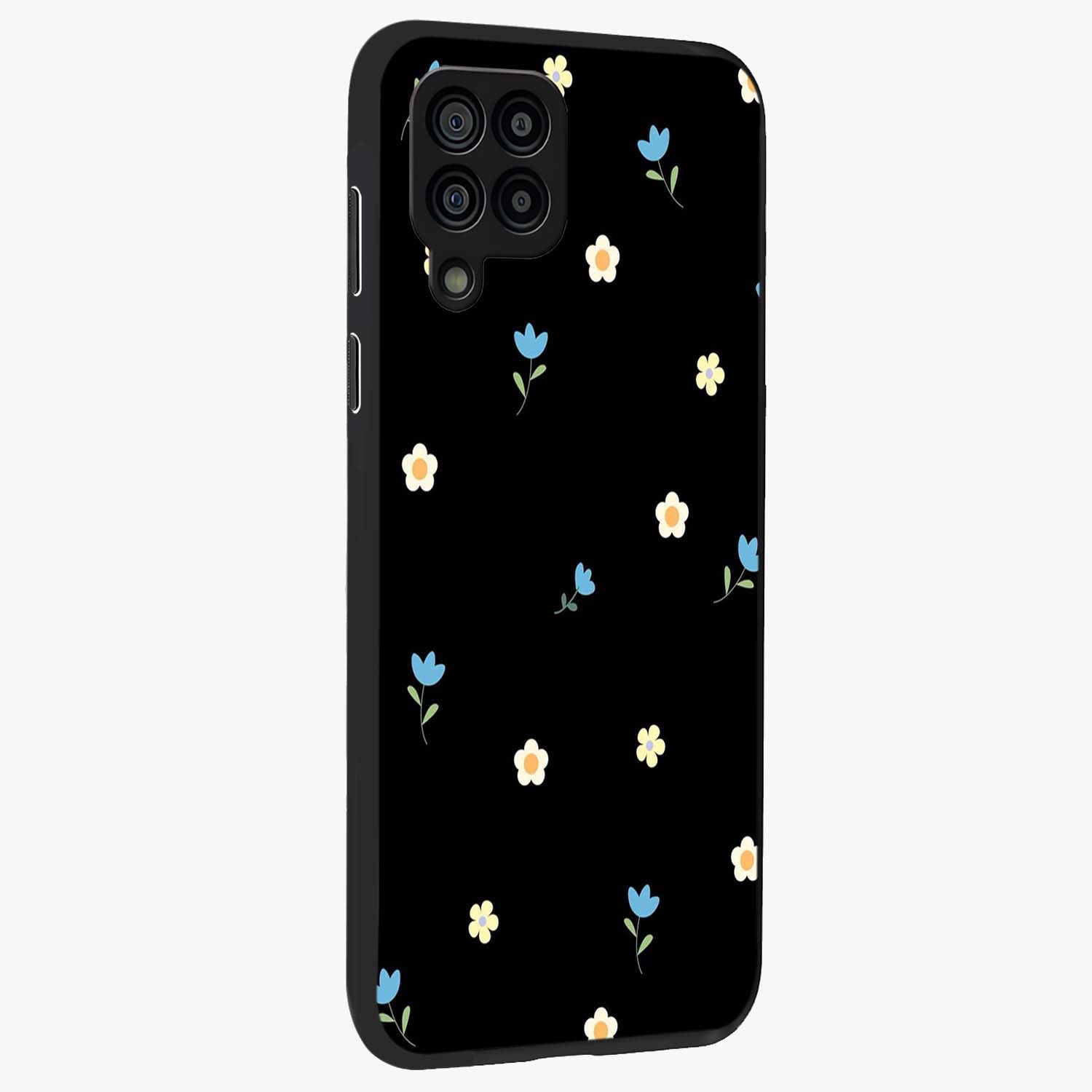 Minimal Petal Whispers Glass Case upright view showcasing elegant floral artwork with modern minimalist style.