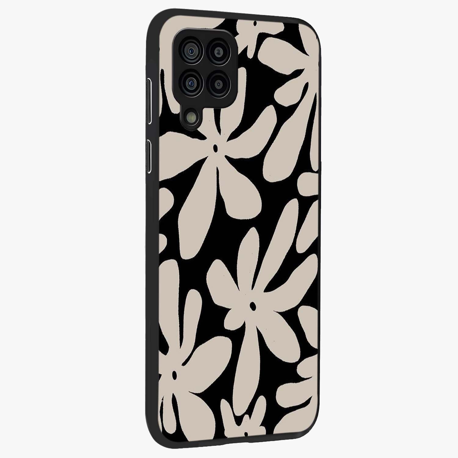 Monochrome Petal Dance Glass Case upright view showcasing artistic floral pattern with stylish monochrome theme.