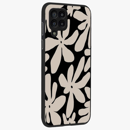 Monochrome Petal Dance Glass Case upright view showcasing artistic floral pattern with stylish monochrome theme.