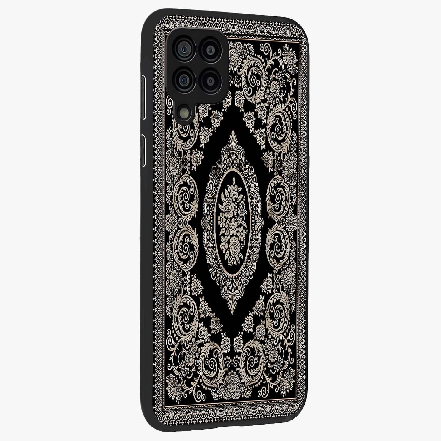 Noir Bloom Elegance Glass Case upright view showcasing graceful floral artwork with luxurious dark theme.